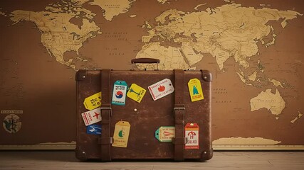 Vintage suitcase with travel tags against world map