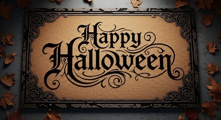 A happy halloween doormat with decorative border and scattered autumn leaves on a gray surface