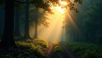 Gentle morning light fades softly through misty forest, serene atmosphere, mist, relaxation