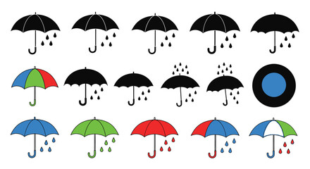 A vibrant seamless pattern of colorful umbrella icons protecting against a rainy autumn sky