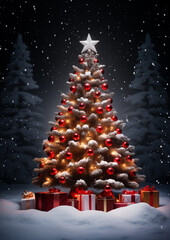 Sparkling Christmas tree decorated with golden lights and red ornaments in snowy forest, cozy festive holiday atmosphere.