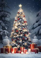 Sparkling Christmas tree decorated with golden lights and red ornaments in snowy forest, cozy festive holiday atmosphere.