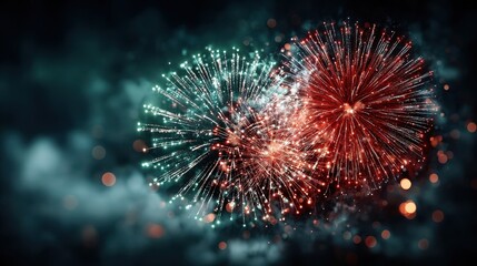 Fototapeta premium Spectacular Fireworks Display with Red and Teal Bursts on Dark Background