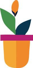 A vibrant stylized illustration of a potted plant with green leaves and an orange bud set against a white background