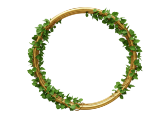 Golden circle frame with green leaves natural decorative element