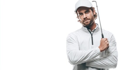 A Golfer's Serenity: A stylish golfer strikes a pose, holding a golf club with a sense of calm confidence, embodying the elegance and focus of the sport in a dynamic studio portrait.