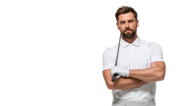 Focused Golfer: A handsome golfer, radiating confidence, strikes a pose with his arms crossed and golf club at the ready. He represents sportsmanship, concentration, and competitive spirit.