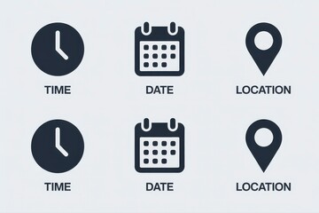 Time, date, and location symbols for scheduling, planning, and mapping concepts in modern design