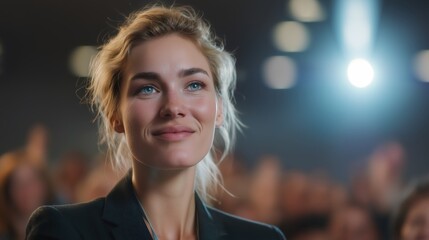 イベント会場で笑顔で上を見上げる若い金髪の女性 | Young blonde woman smiling and looking up at an event venue
