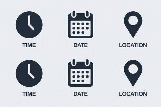 Time, date, and location symbols for scheduling, planning, and mapping concepts in modern design