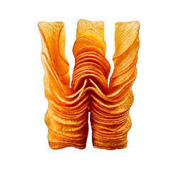 A letter W made from stacked golden potato chips, crisp and textured, floating on a white background with a soft shadow, playful and appetizing.