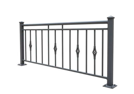 Gray metal railing with vertical bars and geometric design