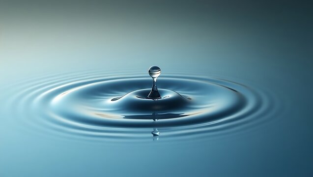 A single water drop creates perfect ripples on a calm blue surface