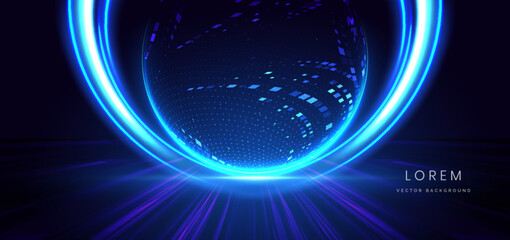 Futuristic glowing blue square pattern on dark blue background.