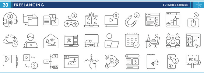 A set of line icons related to Freelancing. Freelance, work, home, earn, passive income, laptop, marketing, and so on. Vector editable stroke.