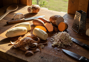 Freshly Prepared Vegetables on Wooden Table