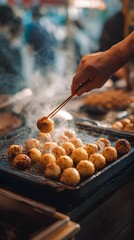 Close-up shot of takoyaki being prepared