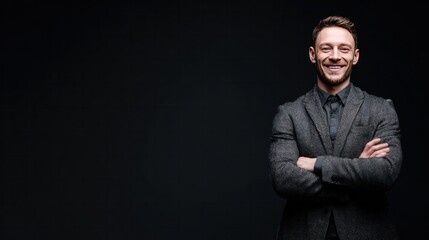 Obraz premium Smiling Business Professional: A confident business professional stands, arms crossed, smiling against a dark backdrop, embodying success and approachable confidence