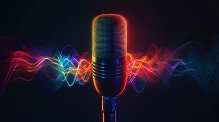 Vibrant sound waves emitting from a glowing microphone in a dark studio environment for audio enthusiasts