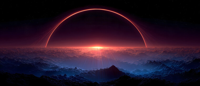 Egyptian Mythology・Ra&rsquo;s Rebirth | Golden Sun Disc Rising from Dark Purple Underworld, Aura with Khepri Scarab, Apep Snake (Burned Gaps), Nile Reflection (Rebirth Mirror)