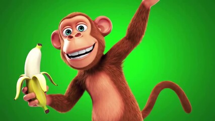 Cheerful cartoon monkey waving while holding a banana against a vibrant green background