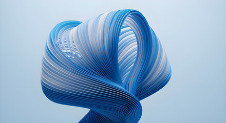 Abstract sculpture: swirling blue and white ribbons, layered texture, soft light, smooth surface, dynamic composition, light blue background, modern, clean, and calming ambiance.

