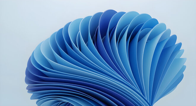 Abstract, spiraling arrangement of layered, blue-toned paper-like forms, radiating from a central point, soft light, smooth surfaces, creating a calming, ethereal ambiance.
