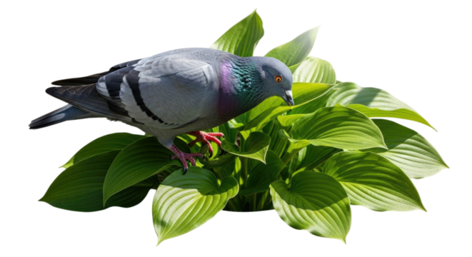 Pigeon perched on green hosta leaves in a natural setting with a transparent background, cutout PNG