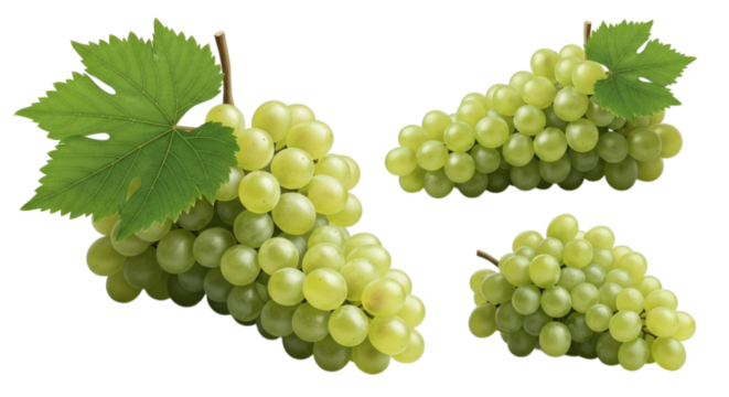 Fresh green grapes on vine with leaves, isolated cutout PNG, transparent background, cutout PNG