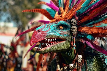 Fototapeta premium Vibrant quetzalcoatl headdress with colorful feathers and detailed reptilian mask