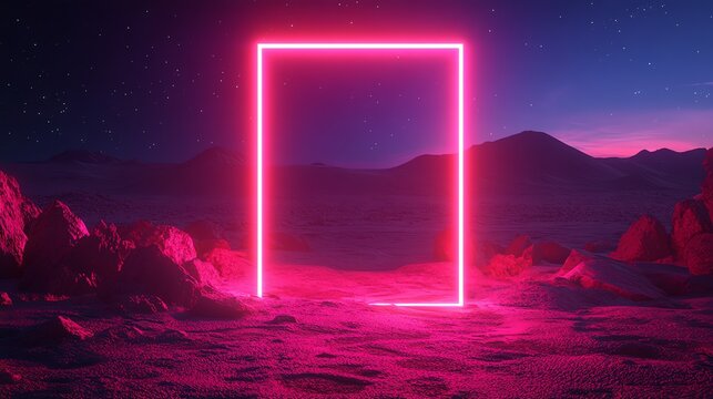 A vibrant pink neon rectangular frame glows in a desolate alien landscape under a starry night sky. - Powered by Adobe