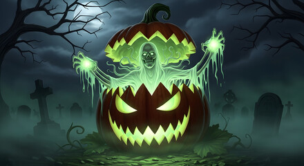 A spooky halloween scene featuring a ghost emerging from a carved pumpkin in a graveyard setting