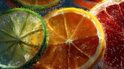 Close up of citrus fruit slices in sparkling water with bubbles creating refreshing and vibrant imagery