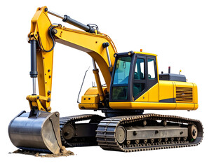 Front View of Excavator with Bucket Lowered, Isolated on White Background PNG