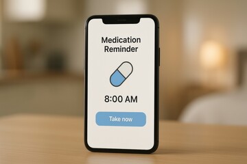A smartphone displays a medication reminder at 8:00 AM with a blue capsule icon, encouraging timely medicine intake for health.