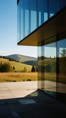Fototapeta premium Modern Glass Building Overlooking Rolling Hills