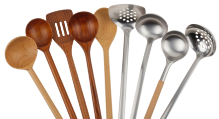 Various wooden and stainless steel cooking utensils arranged neatly with a transparent background, cutout PNG