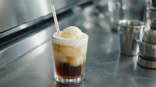 Cola soft drink with vanilla ice cream.