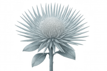 King protea flower with light blue petals and stem with leaves, isolated on transparent background