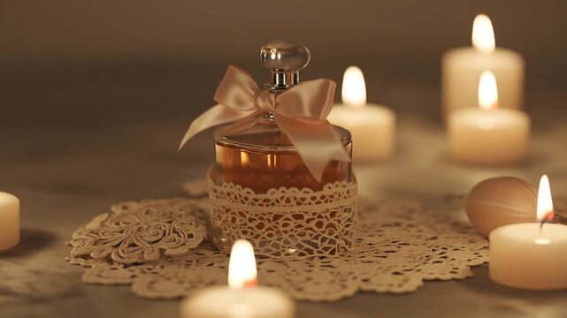 Perfume bottle on lace doily with candles