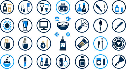 Illustration of various beauty and cosmetic products icons in blue and white circular designs silhouette