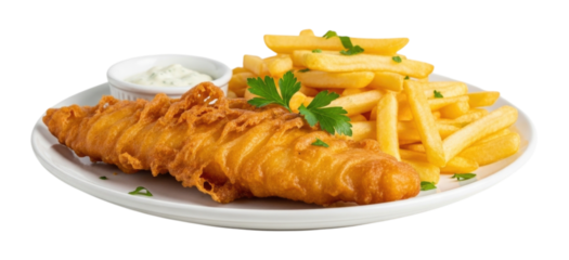 Crispy battered fish fillet served with golden fries and tartar sauce on a white plate transparent background, cutout PNG