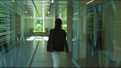 Businesswoman walking quickly through green-tinted office glass, symbolizing fast, sustainable workplace