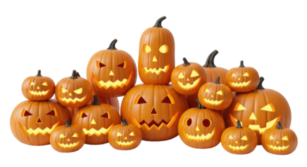 Multiple carved pumpkins showcasing different spooky expressions and glowing lights for Halloween decorations transparent background, cutout PNG
