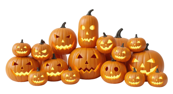 Multiple carved pumpkins showcasing different spooky expressions and glowing lights for Halloween decorations transparent background, cutout PNG