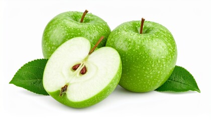 Fresh green apple with leaves and water drops isolated on white background. Clipping path. Detailed high quality image. 