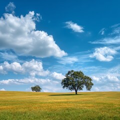 Fototapeta premium A serene landscape featuring a vast field under a vibrant sky with fluffy clouds, trees stand in the distance, bathed in sunlight.
