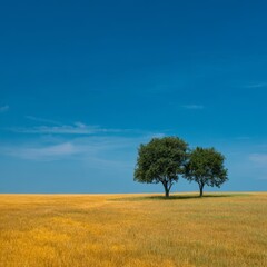 Fototapeta premium Two trees standing tall in a vast field under a clear, vibrant blue sky
