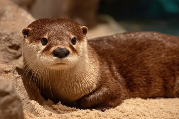 Cute Otter Lying Flat on Sandy Surface with Curled Tail and Focused Expression in Natural Setting