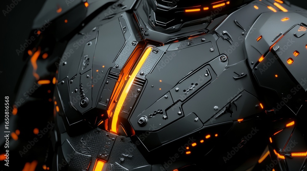 Wall mural futuristic 3d illustration of metallic technological plating with black cyber armor design, close-up